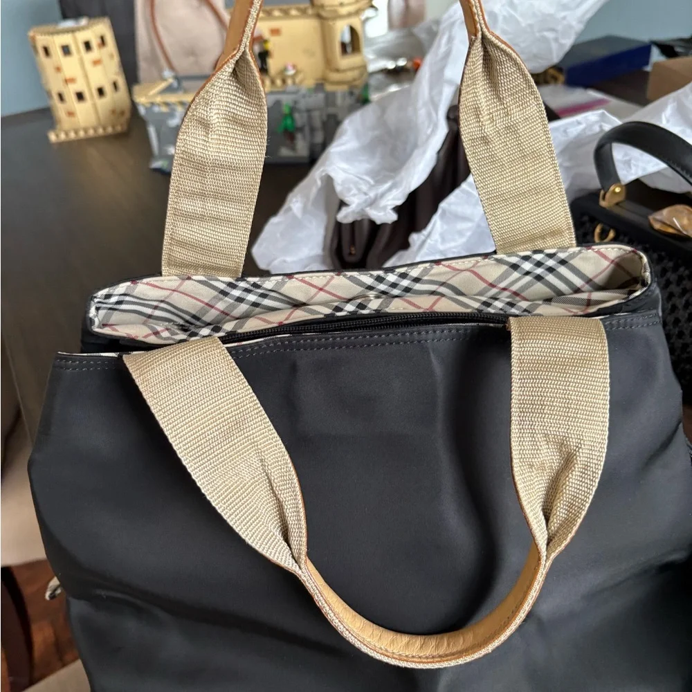 Burberry Black Canvas Tote/ Tan Leather Handles with Nova Check Bottom/Interior - Picture 2 of 16